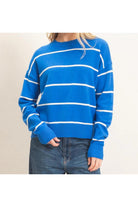 Hyfve Striped Ribbed Crew Neck Sweater in Blue-Sweaters-Hyfve-Deja Nu Boutique, Women's Fashion Boutique in Lampasas, Texas