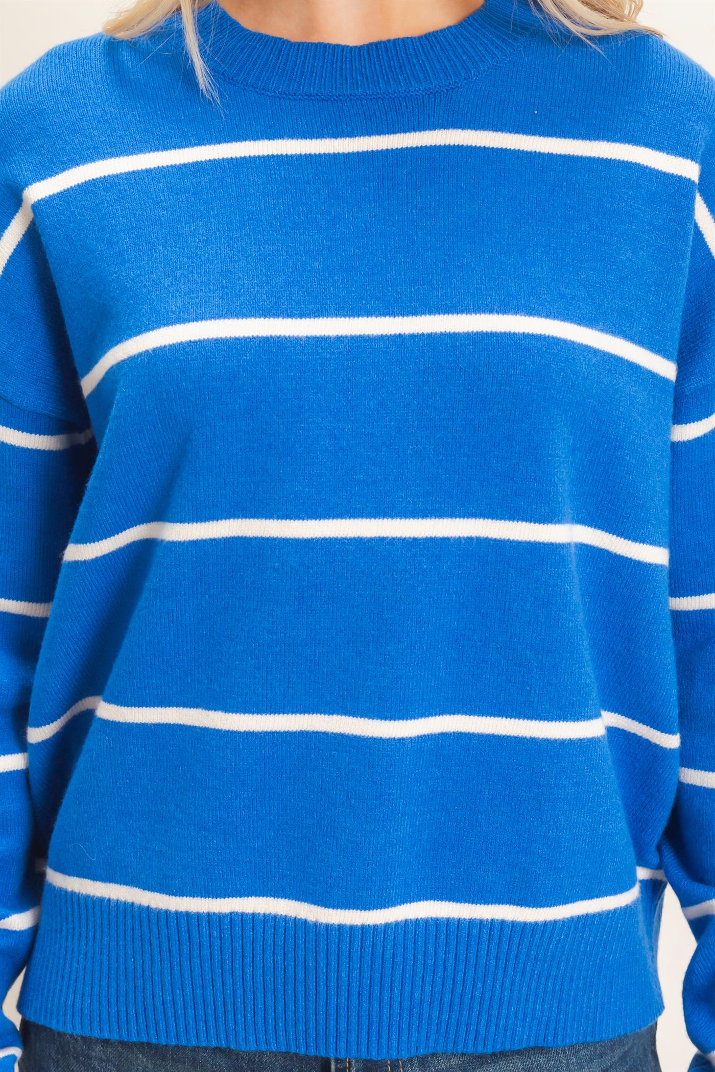 Hyfve Striped Ribbed Crew Neck Sweater in Blue-Sweaters-Hyfve-Deja Nu Boutique, Women's Fashion Boutique in Lampasas, Texas