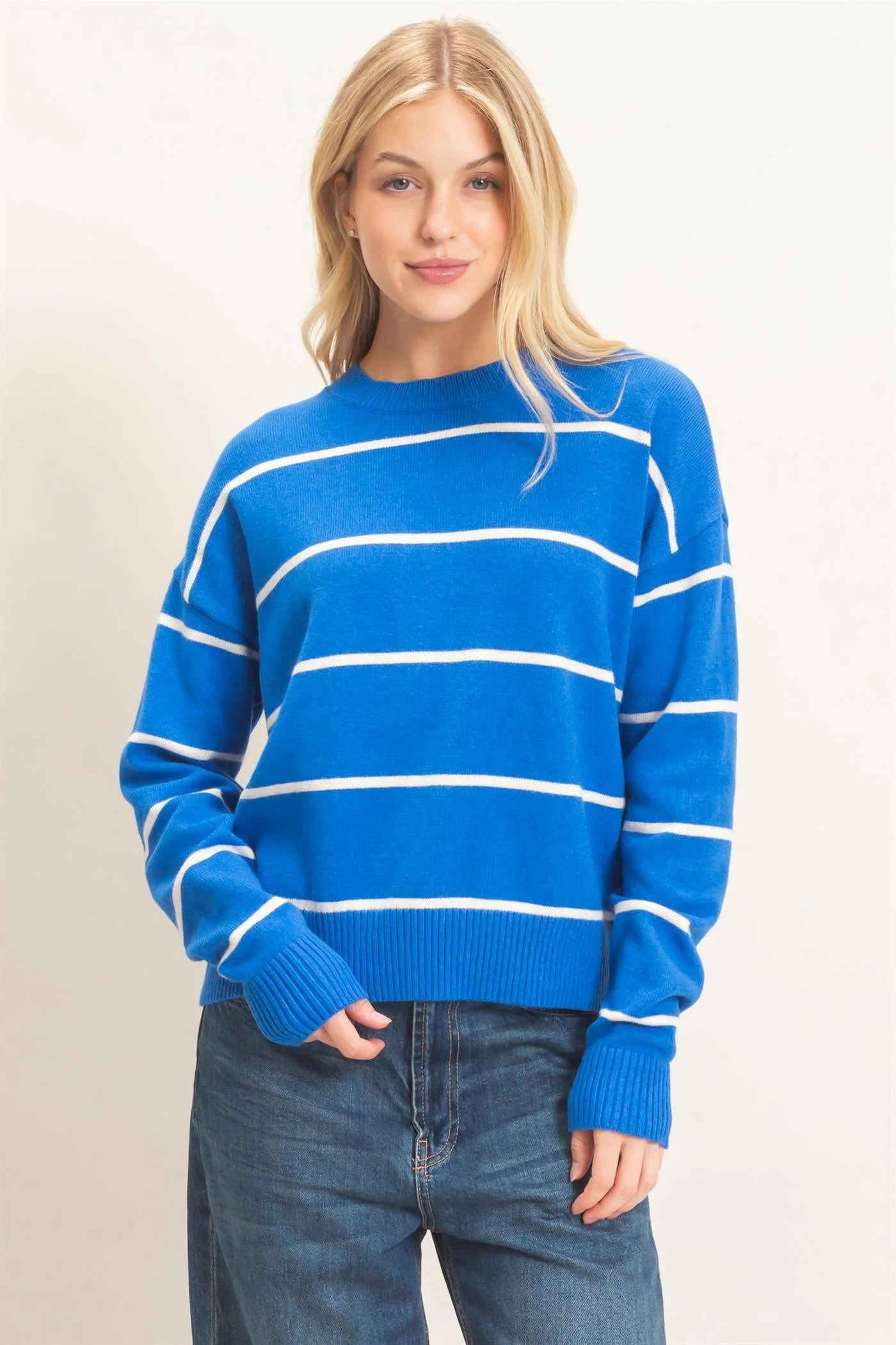 Hyfve Striped Ribbed Crew Neck Sweater in Blue-Sweaters-Hyfve-Deja Nu Boutique, Women's Fashion Boutique in Lampasas, Texas