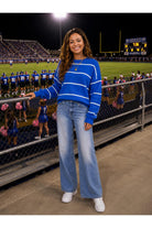 Hyfve Striped Ribbed Crew Neck Sweater in Blue-Sweaters-Hyfve-Deja Nu Boutique, Women's Fashion Boutique in Lampasas, Texas