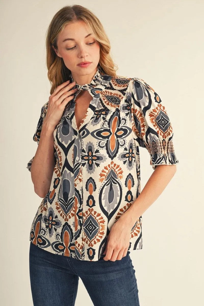 Jodifl Black Grey Boho Print Puff Sleeve Blouse-blouse-Jodifl-Deja Nu Boutique, Women's Fashion Boutique in Lampasas, Texas