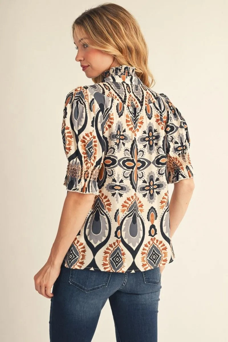 Jodifl Black Grey Boho Print Puff Sleeve Blouse-blouse-Jodifl-Deja Nu Boutique, Women's Fashion Boutique in Lampasas, Texas