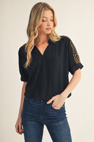 Jodifl Black Leopard Shoulder Detail Blouse-shirts-Jodifl-Deja Nu Boutique, Women's Fashion Boutique in Lampasas, Texas