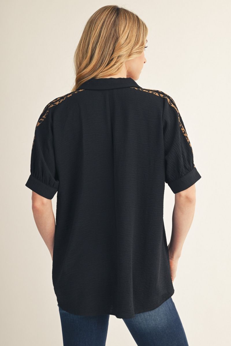 Jodifl Black Leopard Shoulder Detail Blouse-shirts-Jodifl-Deja Nu Boutique, Women's Fashion Boutique in Lampasas, Texas