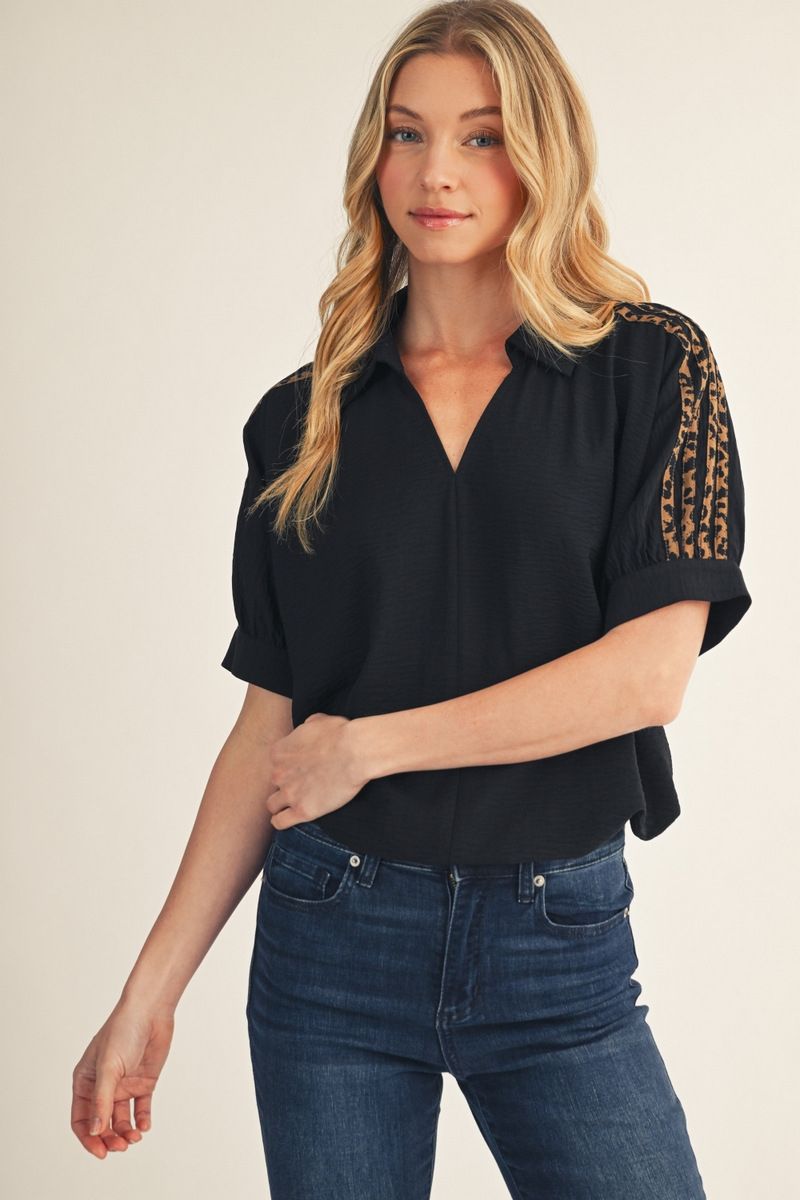 Jodifl Black Leopard Shoulder Detail Blouse-shirts-Jodifl-Deja Nu Boutique, Women's Fashion Boutique in Lampasas, Texas