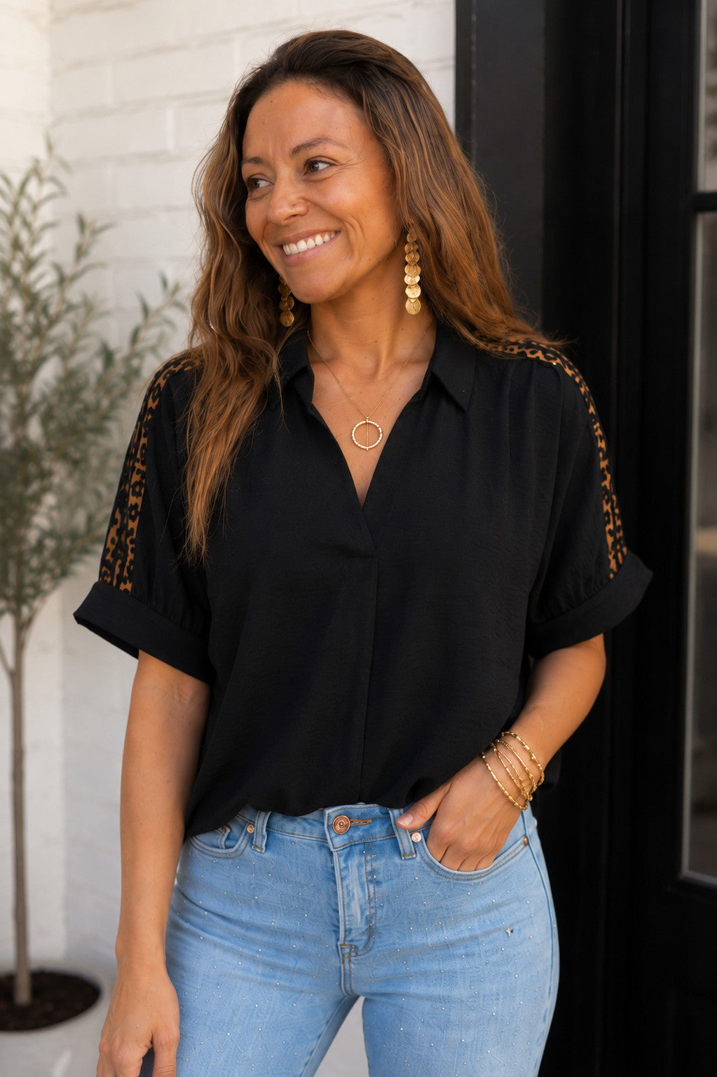 Jodifl Black Leopard Shoulder Detail Blouse-shirts-Jodifl-Deja Nu Boutique, Women's Fashion Boutique in Lampasas, Texas