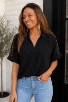 Jodifl Black Leopard Shoulder Detail Blouse-shirts-Jodifl-Deja Nu Boutique, Women's Fashion Boutique in Lampasas, Texas