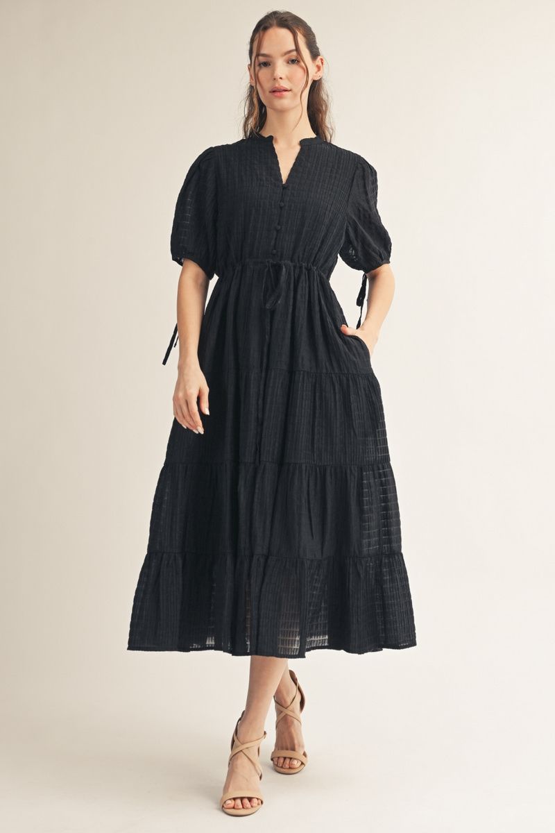 Jodifl Textured Tiered Midi Dress – Black-Midi Dresses-Jodifl-Deja Nu Boutique, Women's Fashion Boutique in Lampasas, Texas