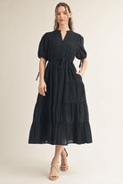 Jodifl Textured Tiered Midi Dress – Black-Midi Dresses-Jodifl-Deja Nu Boutique, Women's Fashion Boutique in Lampasas, Texas