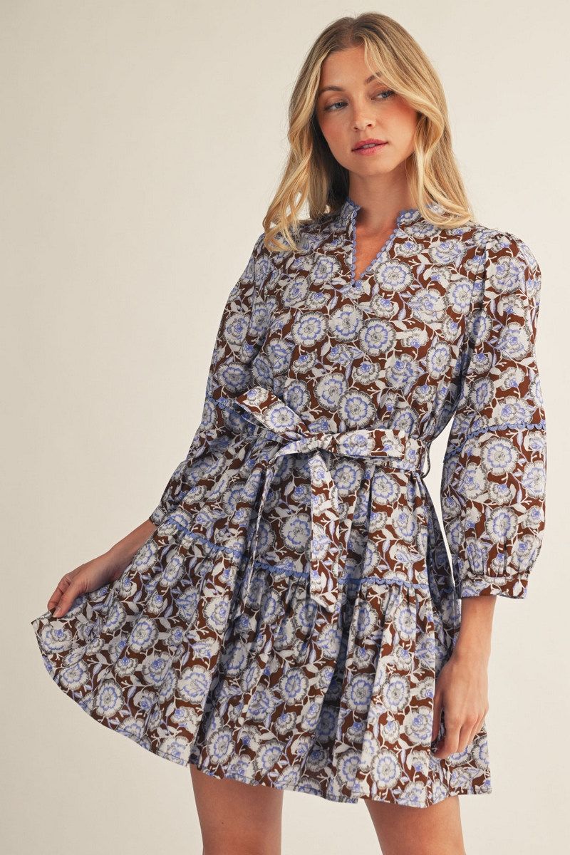 Jodifl Brown Floral Tie Waist Mini Dress-mini dress-Jodifl-Deja Nu Boutique, Women's Fashion Boutique in Lampasas, Texas