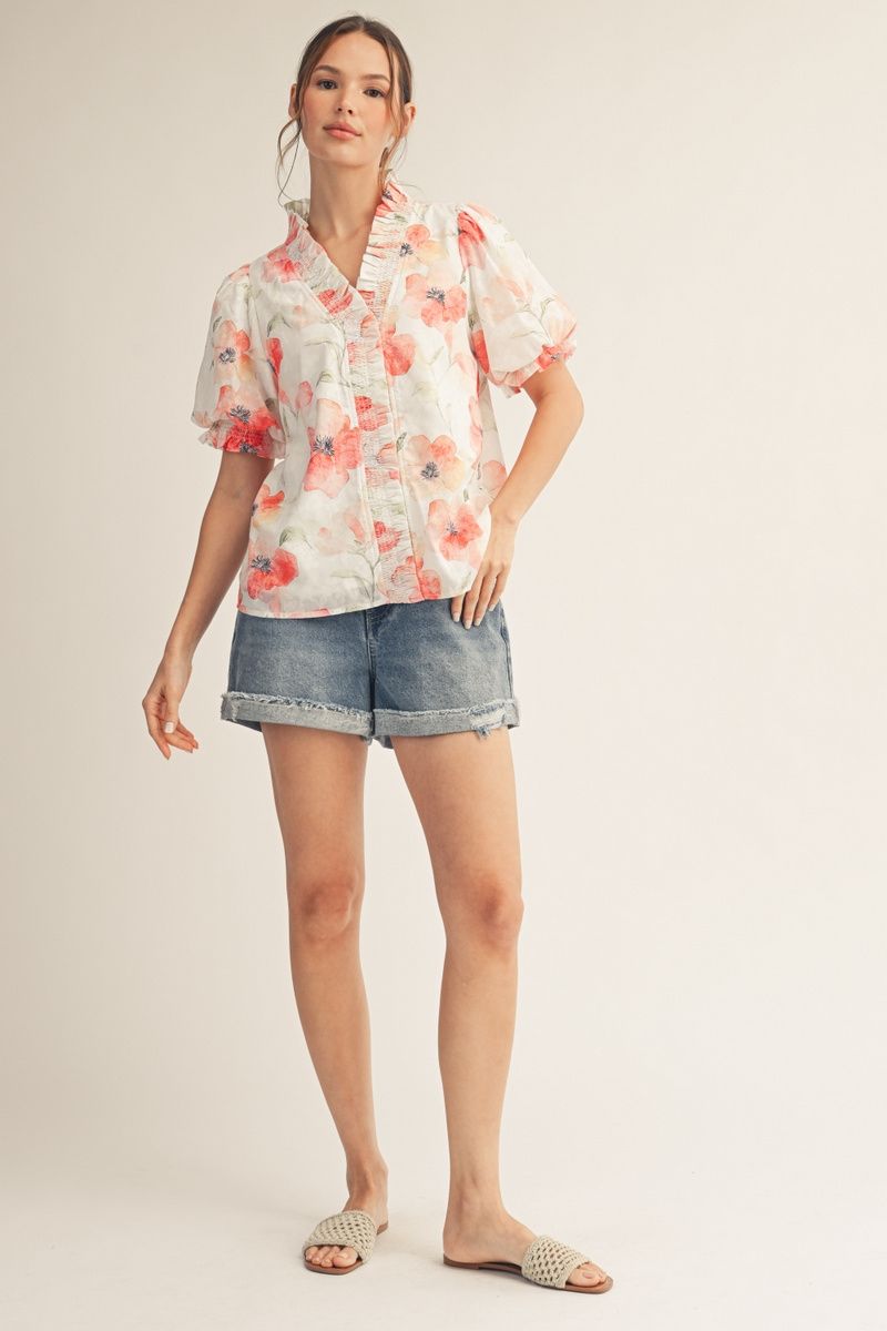 Jodifl Floral Ruffle Trim Puff Sleeve Top – Red Mix-Tops-Jodifl-Deja Nu Boutique, Women's Fashion Boutique in Lampasas, Texas