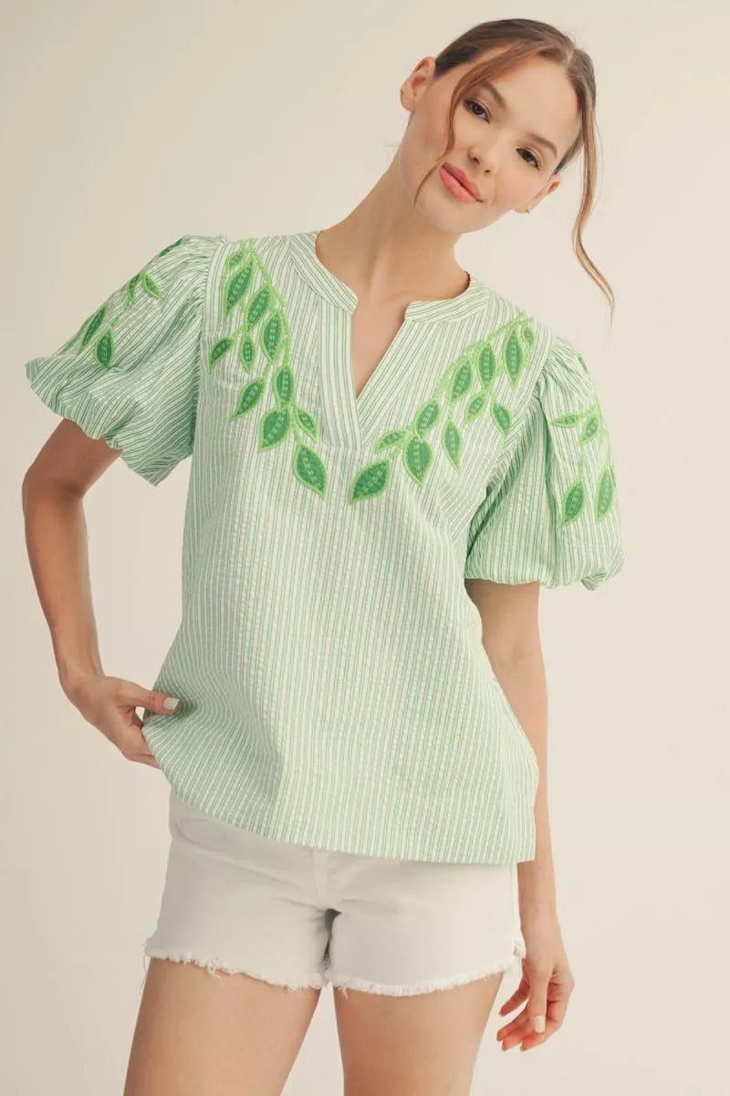 Jodifl Kelly Green Embroidered Stripe Blouse-Tops-Jodifl-Deja Nu Boutique, Women's Fashion Boutique in Lampasas, Texas