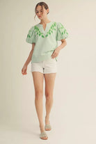Jodifl Kelly Green Embroidered Stripe Blouse-Tops-Jodifl-Deja Nu Boutique, Women's Fashion Boutique in Lampasas, Texas