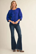 Jodifl Pleat Detail 3/4 Sleeve Button Down Sweater Cardigan in Luminous Blue-Cardigans & Kimonos-Jodifl-Deja Nu Boutique, Women's Fashion Boutique in Lampasas, Texas