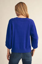 Jodifl Pleat Detail 3/4 Sleeve Button Down Sweater Cardigan in Luminous Blue-Cardigans & Kimonos-Jodifl-Deja Nu Boutique, Women's Fashion Boutique in Lampasas, Texas
