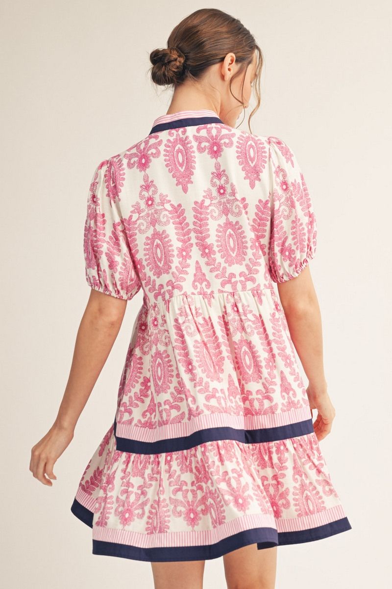 Jodifl Magenta Mix Baroque Print Tiered Dress-mini dress-Jodifl-Deja Nu Boutique, Women's Fashion Boutique in Lampasas, Texas