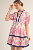 Jodifl Magenta Mix Baroque Print Tiered Dress-mini dress-Jodifl-Deja Nu Boutique, Women's Fashion Boutique in Lampasas, Texas