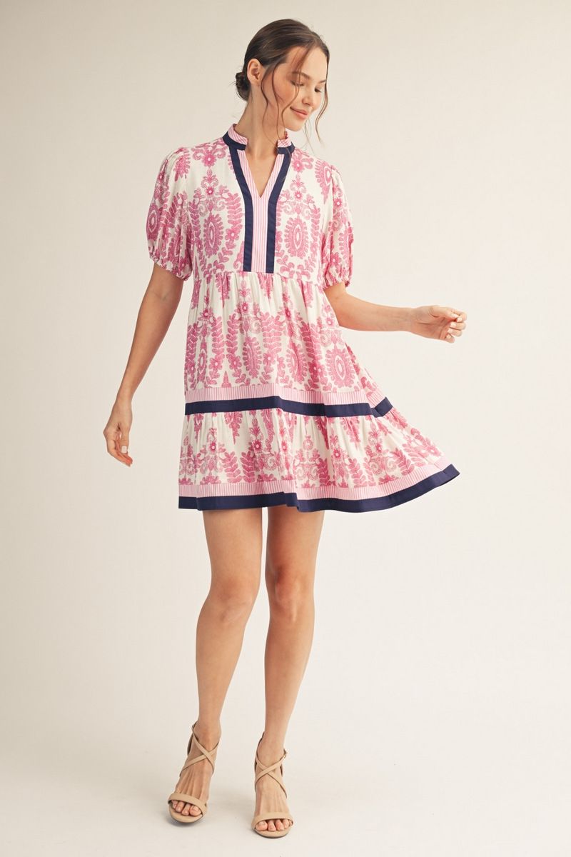 Jodifl Magenta Mix Baroque Print Tiered Dress-mini dress-Jodifl-Deja Nu Boutique, Women's Fashion Boutique in Lampasas, Texas