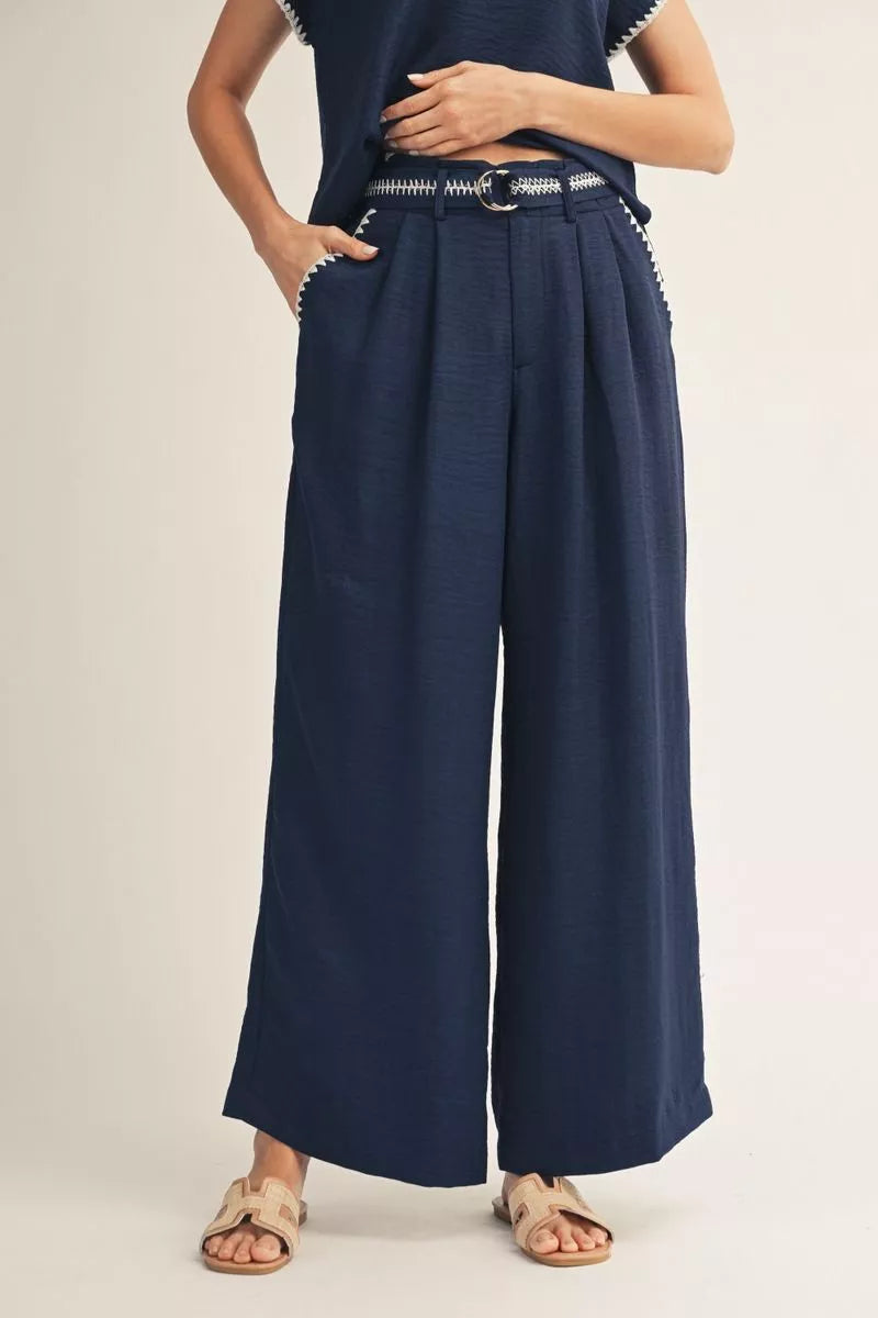 Jodifl Navy & White Belted Wide Leg Pants-Pants-Jodifl-Deja Nu Boutique, Women's Fashion Boutique in Lampasas, Texas