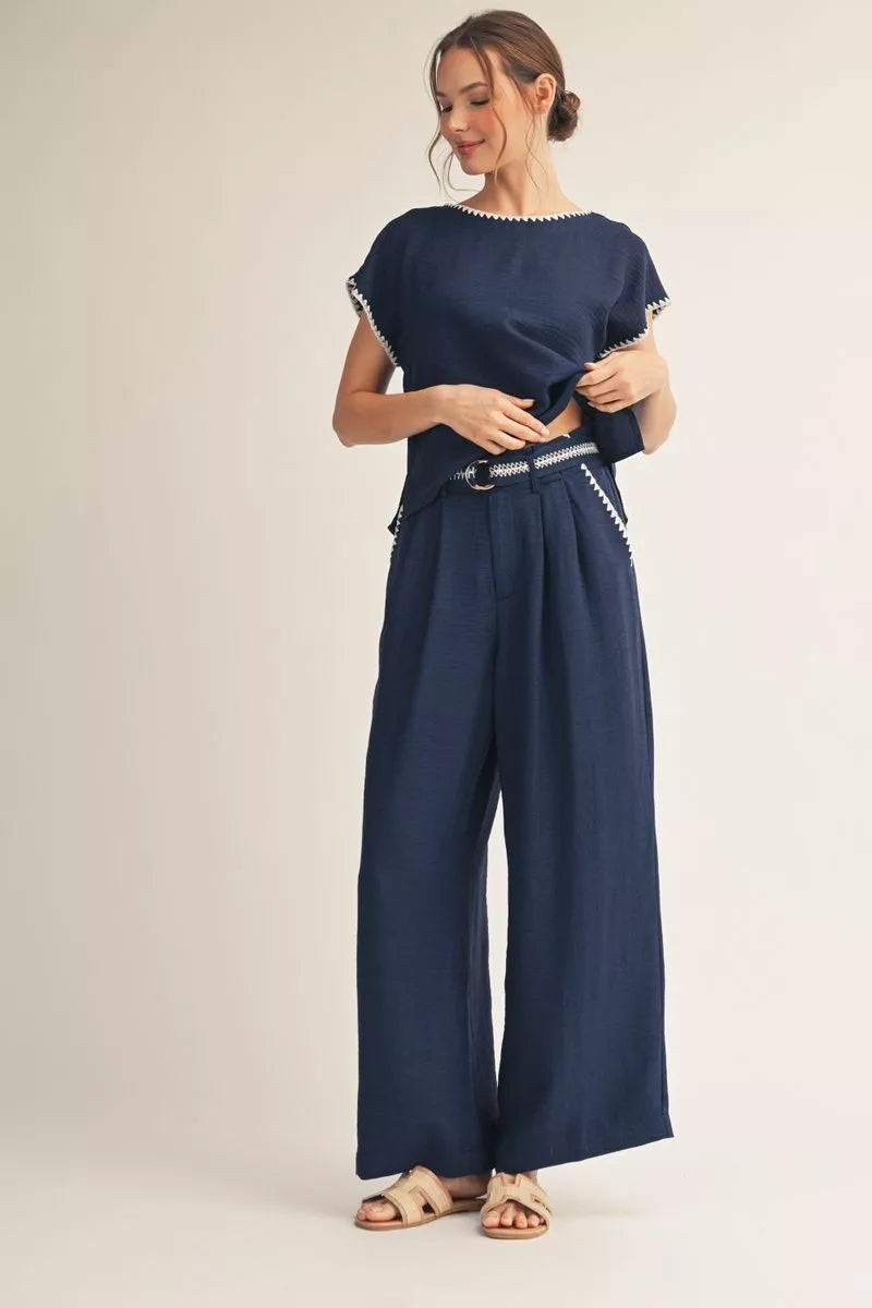 Jodifl Navy & White Belted Wide Leg Pants-Pants-Jodifl-Deja Nu Boutique, Women's Fashion Boutique in Lampasas, Texas
