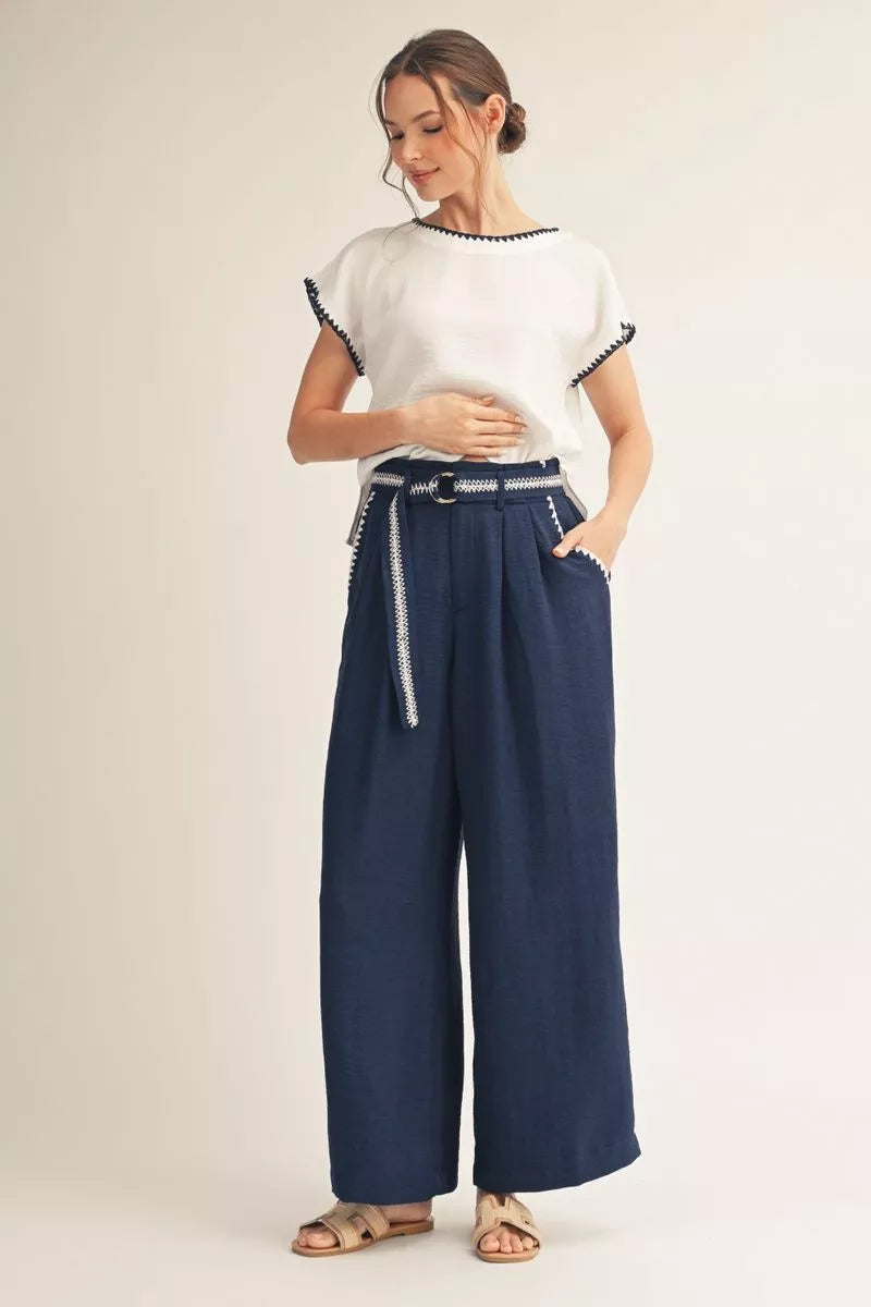 Jodifl Navy & White Belted Wide Leg Pants-Pants-Jodifl-Deja Nu Boutique, Women's Fashion Boutique in Lampasas, Texas