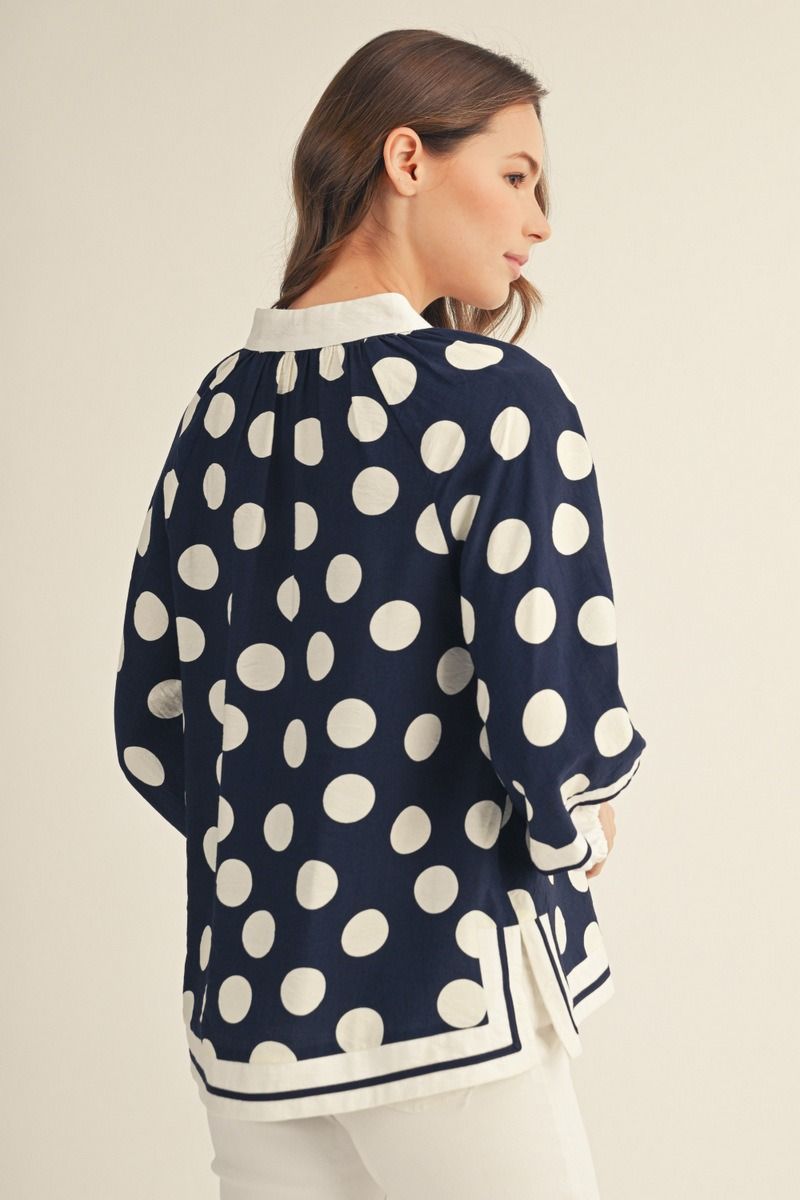 Jodifl Navy & White Polka Dot Notched Blouse-Tops-Jodifl-Deja Nu Boutique, Women's Fashion Boutique in Lampasas, Texas