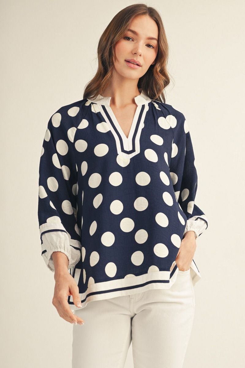 Jodifl Navy & White Polka Dot Notched Blouse-Tops-Jodifl-Deja Nu Boutique, Women's Fashion Boutique in Lampasas, Texas