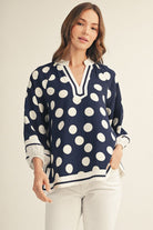 Jodifl Navy & White Polka Dot Notched Blouse-Tops-Jodifl-Deja Nu Boutique, Women's Fashion Boutique in Lampasas, Texas