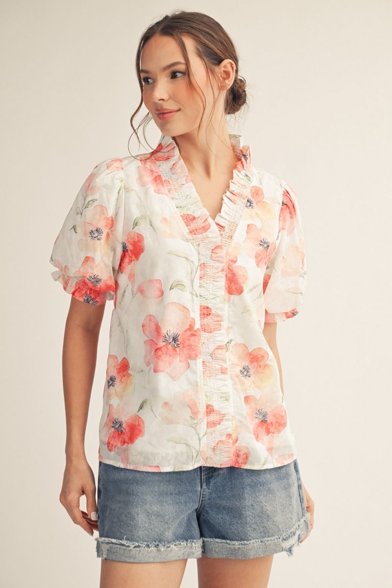 Jodifl Floral Ruffle Trim Puff Sleeve Top – Red Mix-Tops-Jodifl-Deja Nu Boutique, Women's Fashion Boutique in Lampasas, Texas