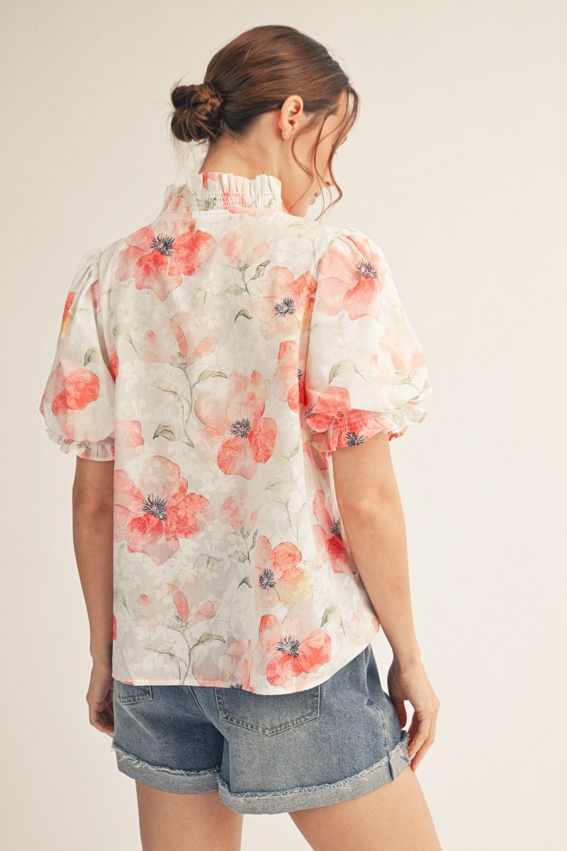 Jodifl Floral Ruffle Trim Puff Sleeve Top – Red Mix-Tops-Jodifl-Deja Nu Boutique, Women's Fashion Boutique in Lampasas, Texas