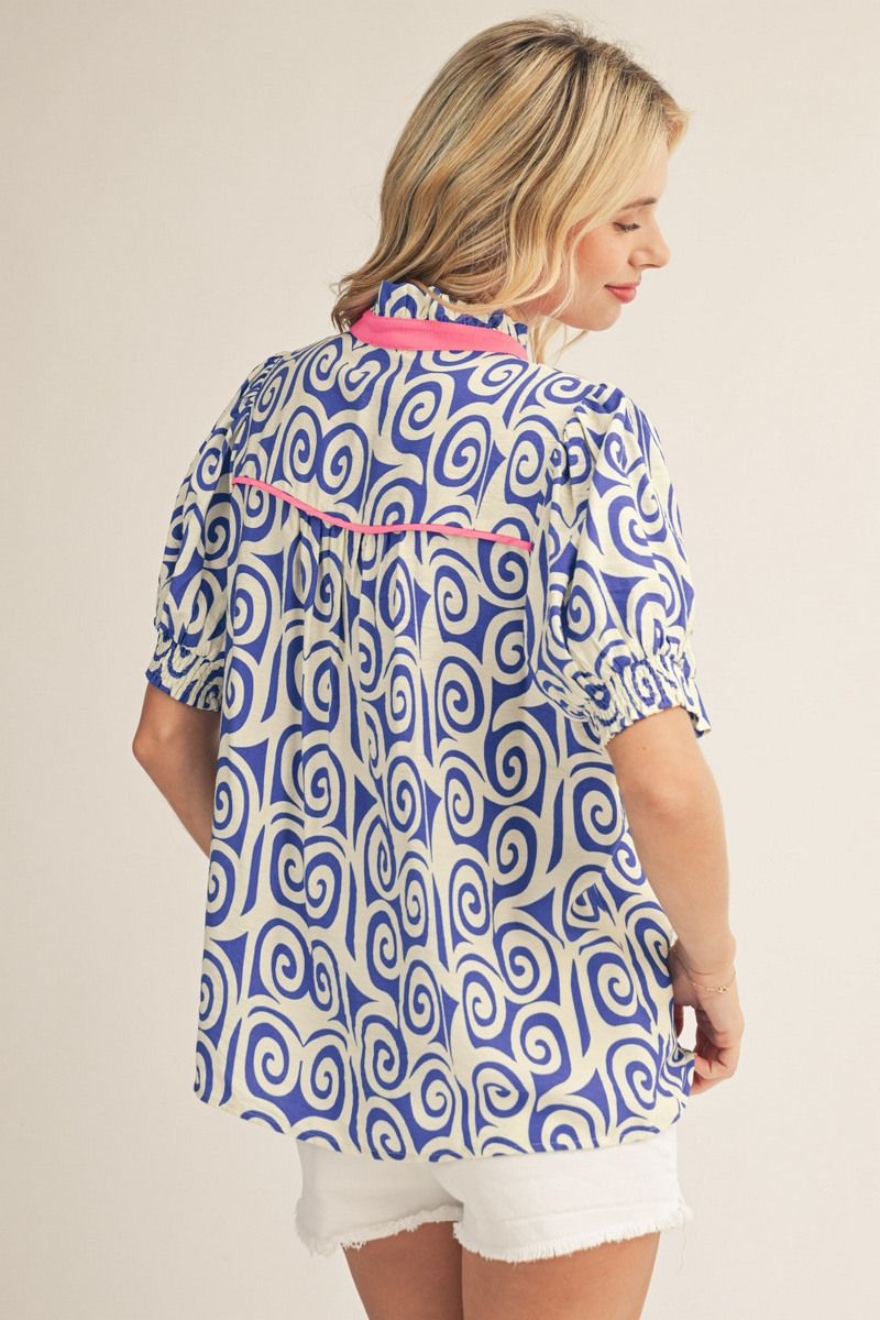 Jodifl Royal Swirl Print Contrast Trim Top-Tops-Jodifl-Deja Nu Boutique, Women's Fashion Boutique in Lampasas, Texas