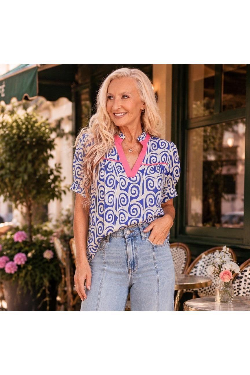Jodifl Royal Swirl Print Contrast Trim Top-Tops-Jodifl-Deja Nu Boutique, Women's Fashion Boutique in Lampasas, Texas