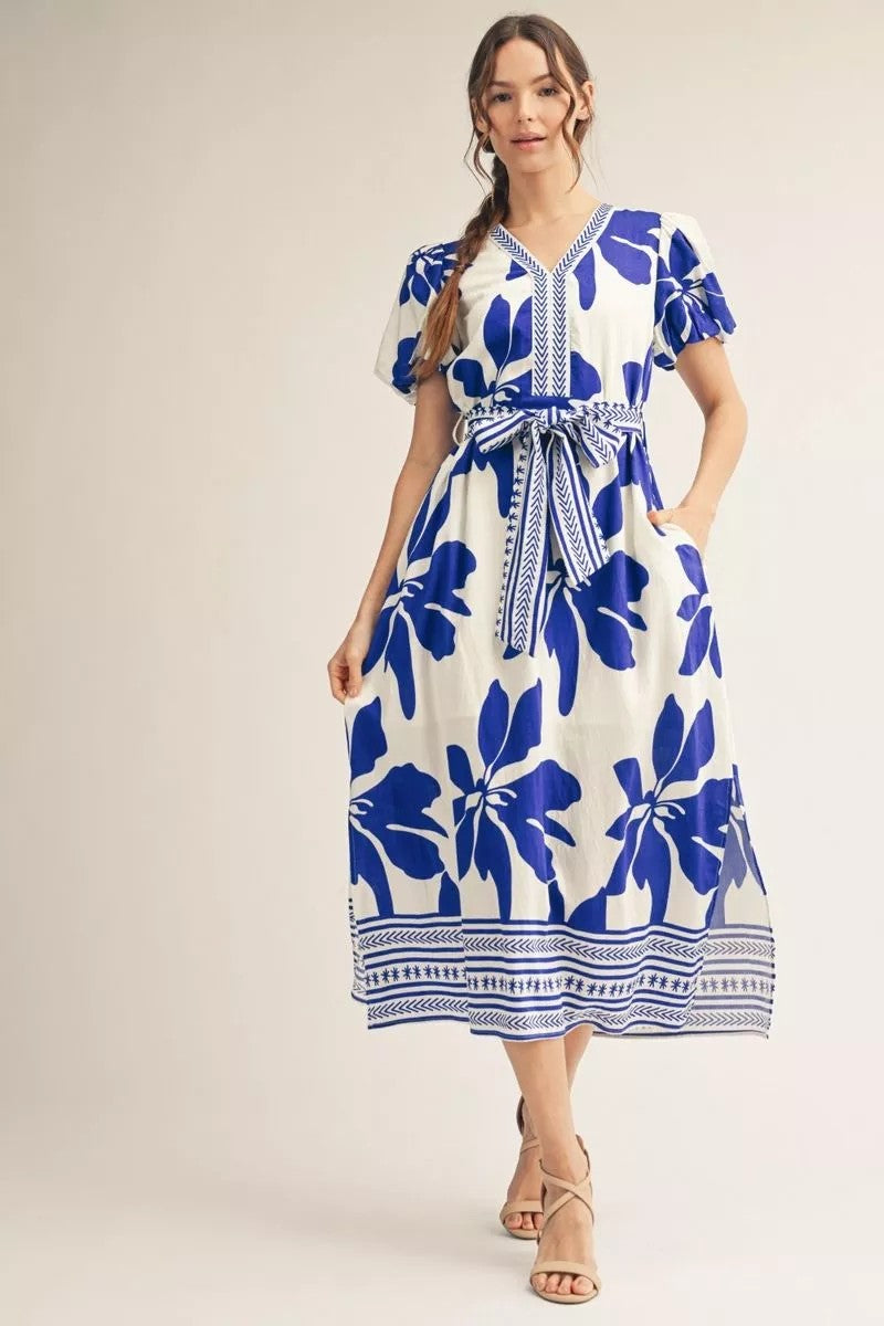 Jodifl Royal Tropical Floral Midi Dress-Midi Dresses-Jodifl-Deja Nu Boutique, Women's Fashion Boutique in Lampasas, Texas