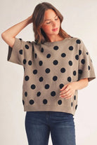 Jodifl Taupe Polka Dot Short Sleeve Sweater-Sweaters-Jodifl-Deja Nu Boutique, Women's Fashion Boutique in Lampasas, Texas