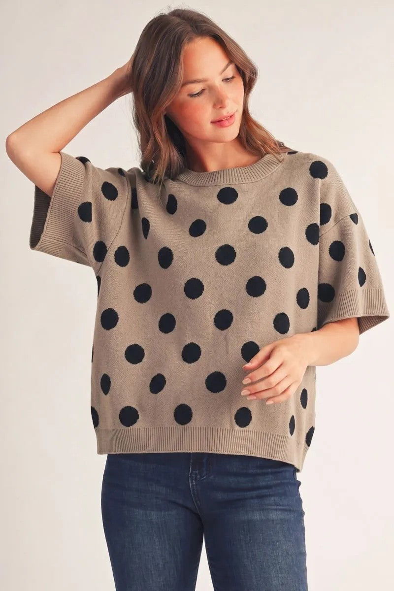 Jodifl Taupe Polka Dot Short Sleeve Sweater-Sweaters-Jodifl-Deja Nu Boutique, Women's Fashion Boutique in Lampasas, Texas