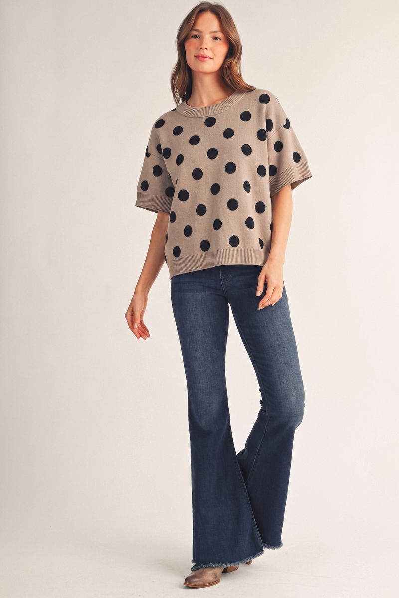Jodifl Taupe Polka Dot Short Sleeve Sweater-Sweaters-Jodifl-Deja Nu Boutique, Women's Fashion Boutique in Lampasas, Texas