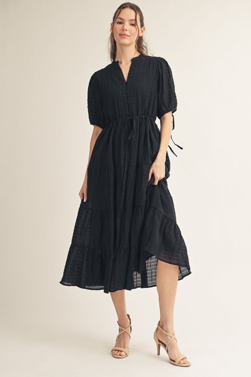 Jodifl Textured Tiered Midi Dress – Black-Midi Dresses-Jodifl-Deja Nu Boutique, Women's Fashion Boutique in Lampasas, Texas