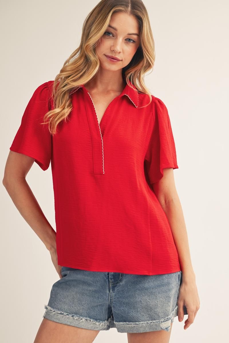 Jodifl Scallop Trim Crinkle Top – Tomato Red-Tops-Jodifl-Deja Nu Boutique, Women's Fashion Boutique in Lampasas, Texas