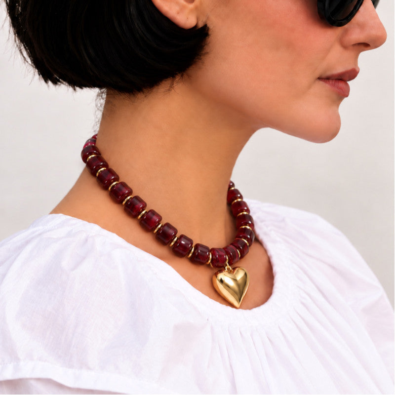Kenze Panne Beaded Heart Necklace in Burgundy-Necklace-Kenze Panne-Deja Nu Boutique, Women's Fashion Boutique in Lampasas, Texas