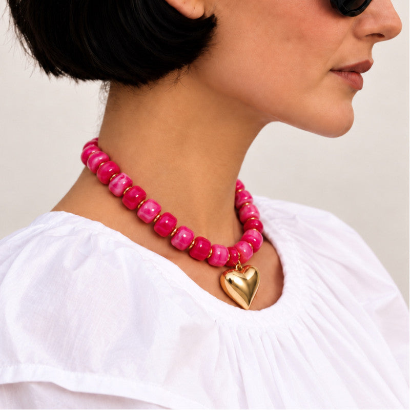 Kenze Panne Beaded Heart Necklace in Hot Pink-Necklace-Kenze Panne-Deja Nu Boutique, Women's Fashion Boutique in Lampasas, Texas
