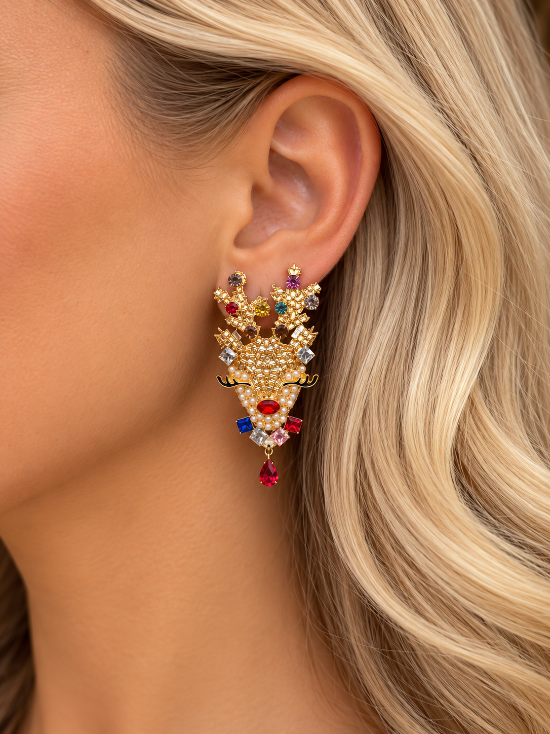 Kenzie Panne Gold Rhinestone Reindeer Earrings-Earrings-Kenze Panne-Deja Nu Boutique, Women's Fashion Boutique in Lampasas, Texas