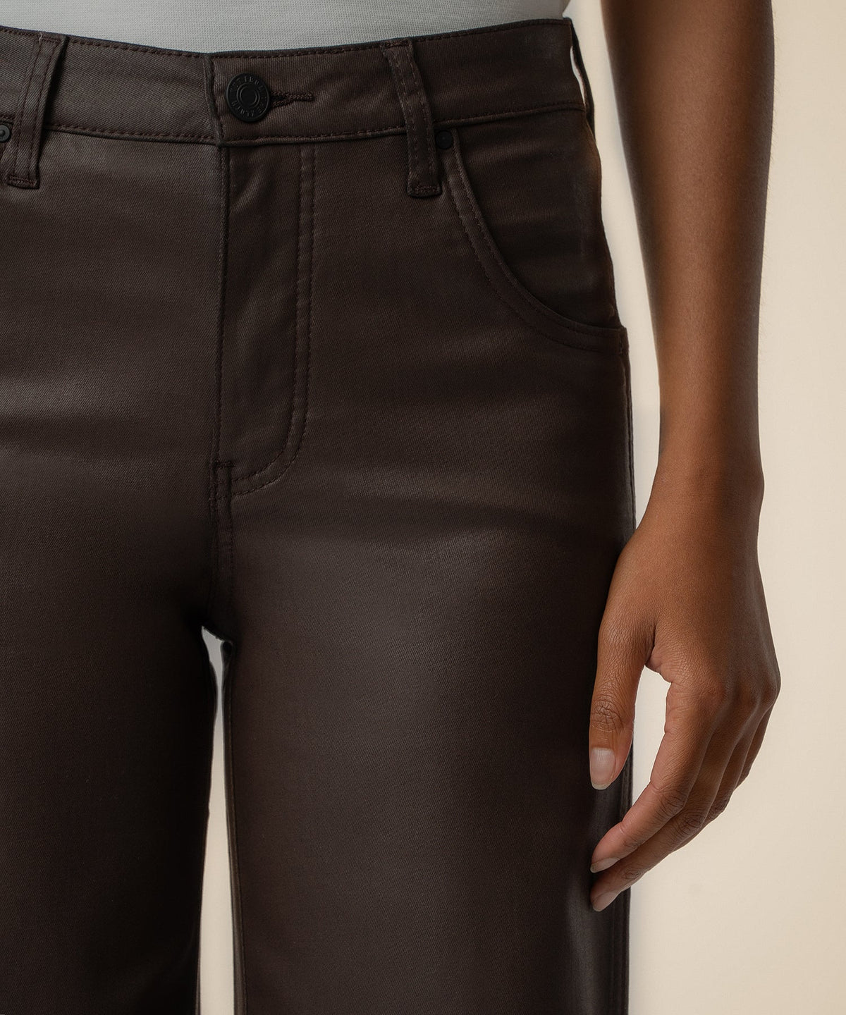 Kut from the Kloth Jodi Coated High Rise Wide Straight Leg Pants in Chocolate-Jeans-Kut from the Kloth-Deja Nu Boutique, Women's Fashion Boutique in Lampasas, Texas