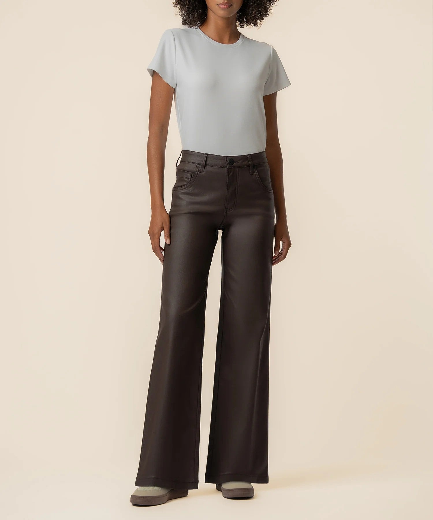 Kut from the Kloth Jodi Coated High Rise Wide Straight Leg Pants in Chocolate-Jeans-Kut from the Kloth-Deja Nu Boutique, Women's Fashion Boutique in Lampasas, Texas