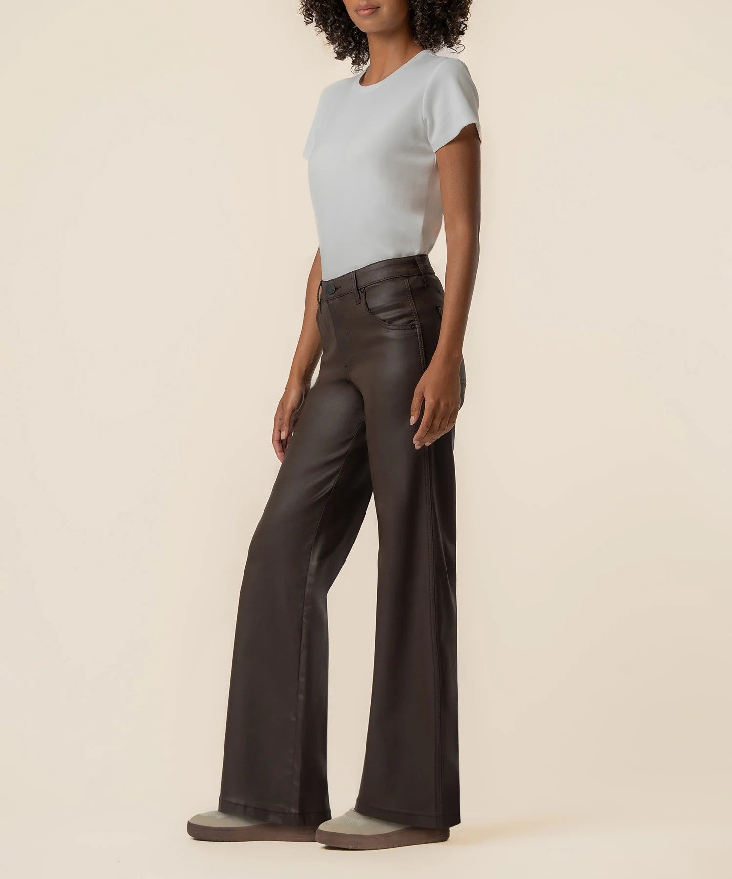 Kut from the Kloth Jodi Coated High Rise Wide Straight Leg Pants in Chocolate-Jeans-Kut from the Kloth-Deja Nu Boutique, Women's Fashion Boutique in Lampasas, Texas