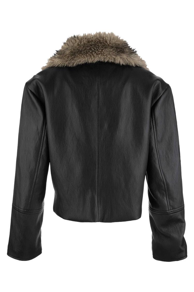 Kut from the Kloth Lexi Long Sleeve Faux Leather Jacket with Fur Trim in Black-Jackets-Kut from the Kloth-Deja Nu Boutique, Women's Fashion Boutique in Lampasas, Texas