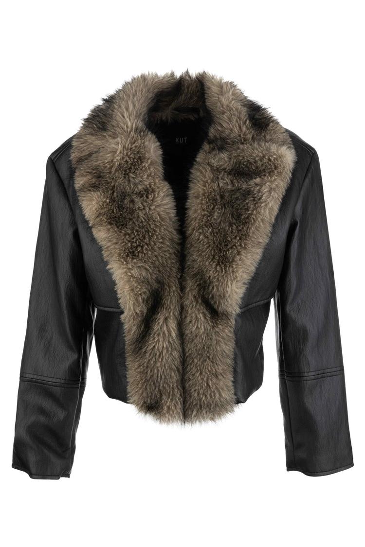 Kut from the Kloth Lexi Long Sleeve Faux Leather Jacket with Fur Trim in Black-Jackets-Kut from the Kloth-Deja Nu Boutique, Women's Fashion Boutique in Lampasas, Texas