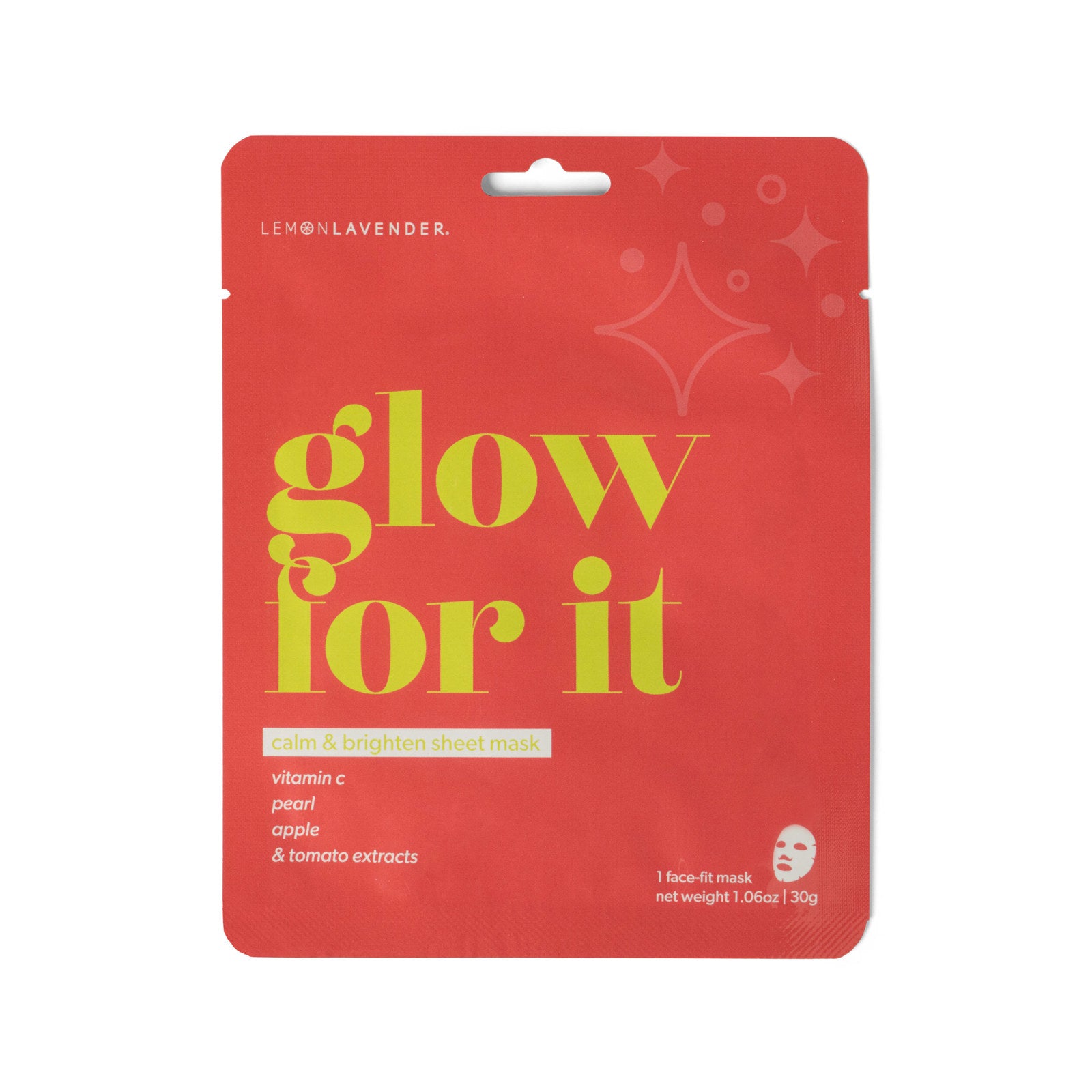 Lemon Lavender® Glow For It Calm & Brighten Sheet Mask with vitamin C and pearl extract.