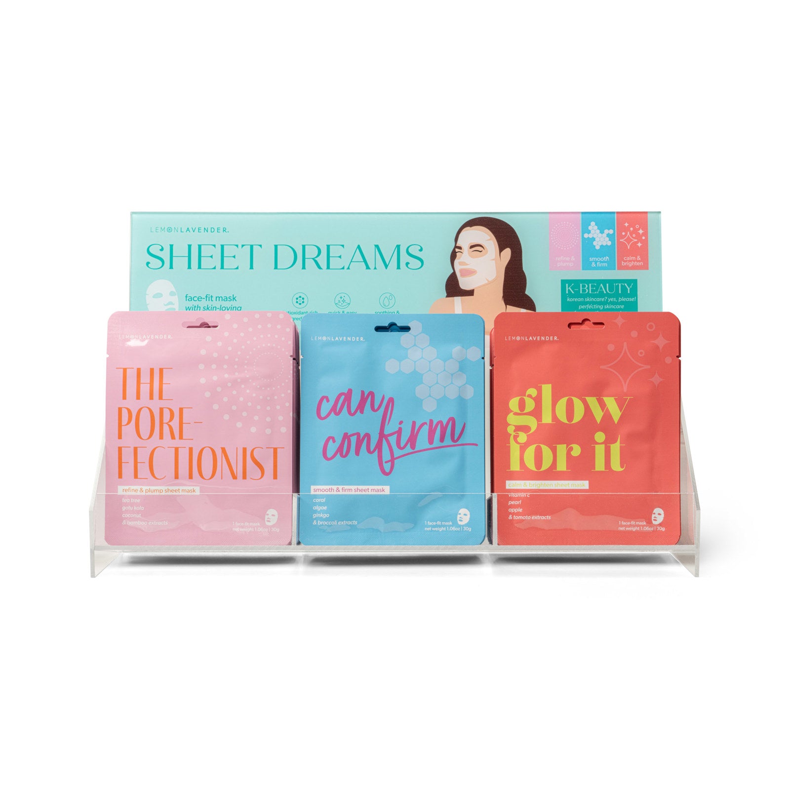 Lemon Lavender® Sheet Dreams Korean skincare face mask retail display.