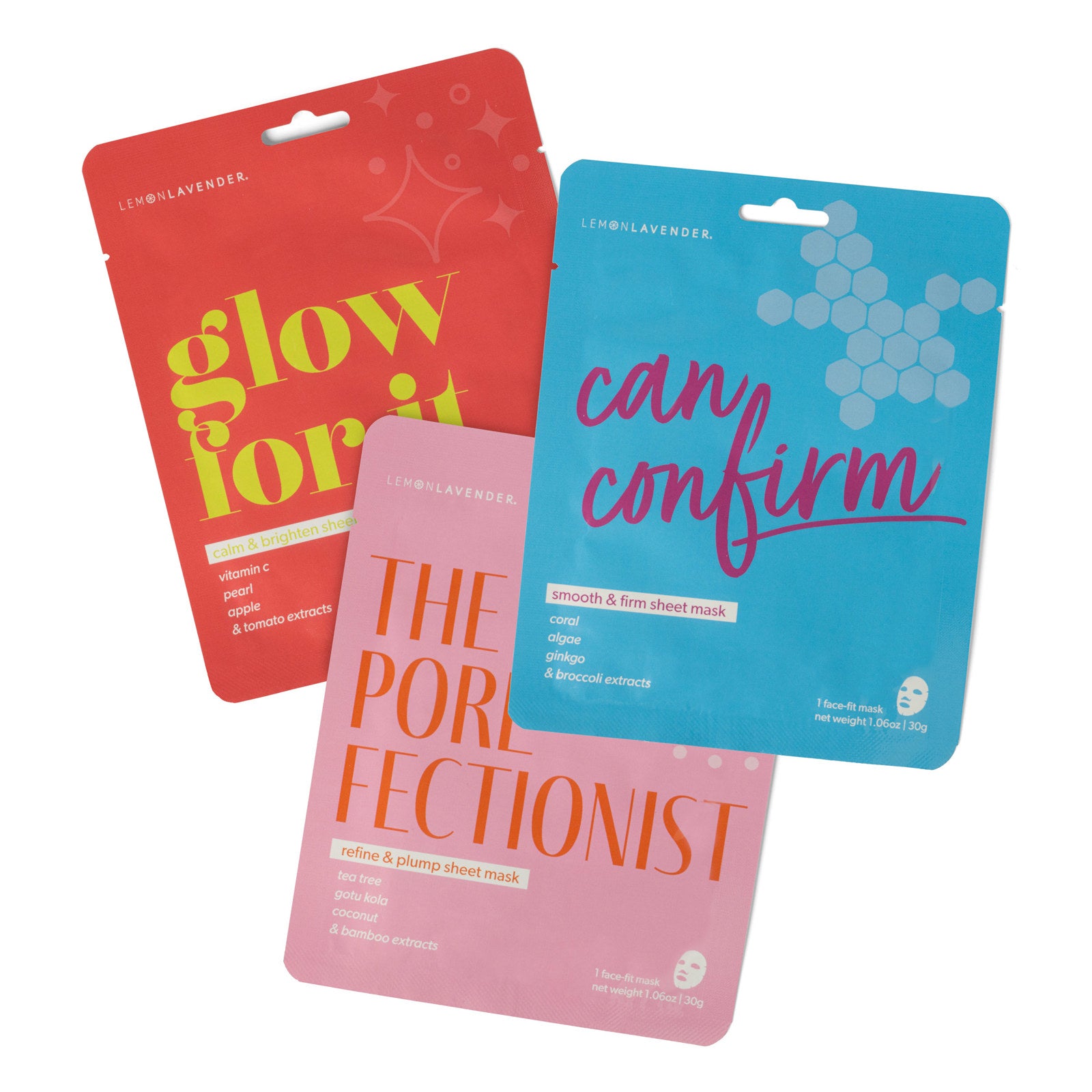 Lemon Lavender® Sheet Dreams Face Masks featuring Glow For It, The Pore-fectionist, and Can Confirm formulas.