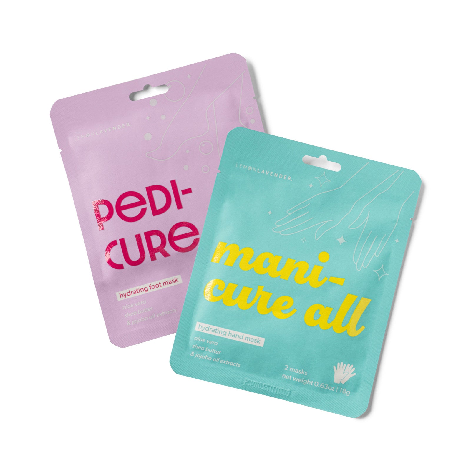 Lemon Lavender® Smooth It Over hand and foot mask duo featuring Mani-Cure All and Pedi-Cure All treatments.